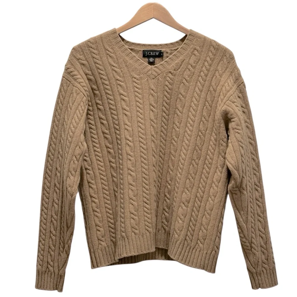 J.‎ CREW Women’s V-Neck Cable Knit Sweater in Camel Lambswool Size Medium